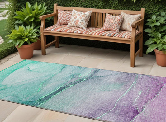 8' Runner Green Abstract Washable Non Skid Indoor Outdoor Runner Rug-0